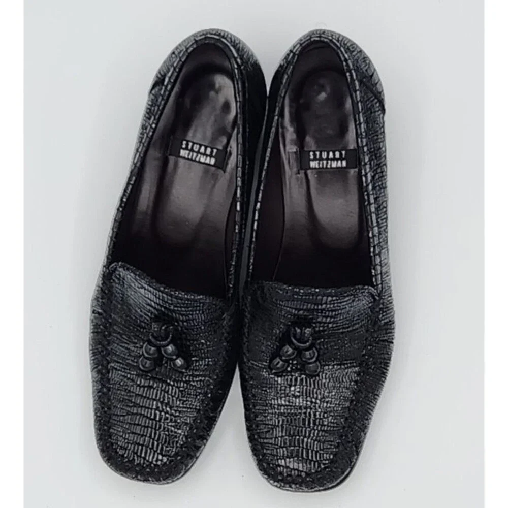 Stuart Weitzman Black Shiny Leather Tassle Loafers Block Heel Size 6.5B